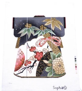 Hand-Painted Needlepoint Canvas by Sophia Japanese Kimono Plants, Flowers, Tree - Picture 1 of 1