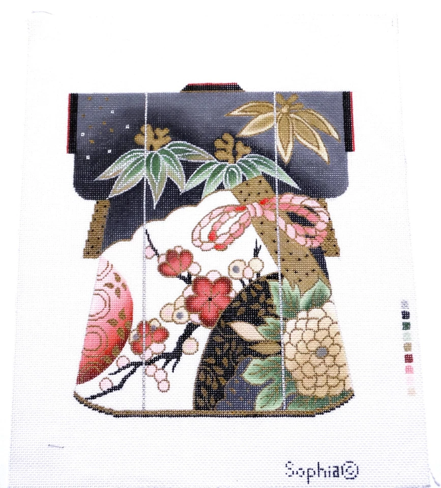 Hand-Painted Needlepoint Canvas by Sophia Japanese Kimono Plants, Flowers, Tree  - Image 1 of 1