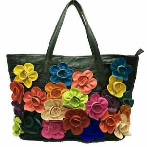 Sheepskin Leather Handbag/Shoulder Bag Adorned with 3-D Leather Flowers size