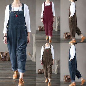 Women New Fashion Corduroy Vintage Long Pants Dungaree Overalls Trousers Romper