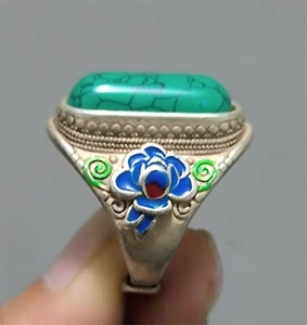 1.18" Old Chinese Miao nationality Blue turquoise flower Ring - Picture 1 of 6
