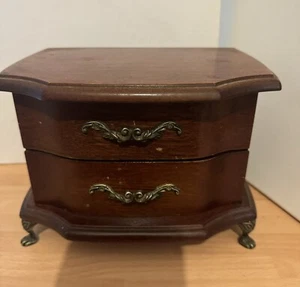 Vintage 1980s Wooden Jewellery Box Brass Feet & Hardware, Mirror, Cabinet Style - Picture 1 of 4