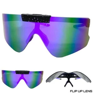OVERSIZED Retro SPORTY WRAP AROUND Shield SUN GLASSES Large Frame Flip Up Lens - Picture 1 of 7