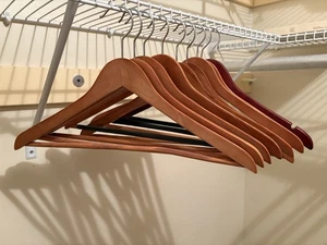 Sturdy Brown Wooden High Gloss Jacket & Pants Hangers Lot Of 9 Mixed 17” Wide - Picture 1 of 3
