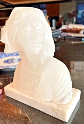 ANTQ ИТАЛЬЯНСКИЙ РЕЗНОЙ АЛЕБАСТРОВЫЙ/МРАМОРНЫЙ БЮСТ СВЯТОЙ ЖАННЫ d'ARC 7 дюймов с подписью - Изображение 1 из 4