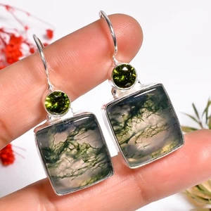 Moss Agate Peridot Gemstone Handmade Jewelry.925 Silver Earrings 1.5" jk_12781 - Picture 1 of 6