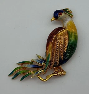 Vintage 18K Bird Colorful Exotic Yellow Gold Enamel Brooch Pin Lapel Italy - Picture 1 of 14