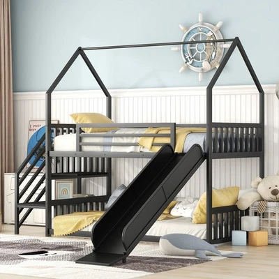 New Twins Size Bunk Bed Metal House Bed with Slide and Staircase Black - Image 1 of 4