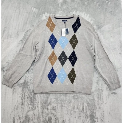 NUEVO Suéter Club Room Hombres XXL Gris Humo Brezo Argyle Mezcla de Lana Merino Cuello en V Foto 1 de 4