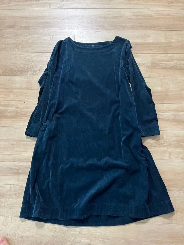 45R Hand Dyed Indigo Corduroy Knee Length Dress Free Size Classic One Piece - Image 1 of 4