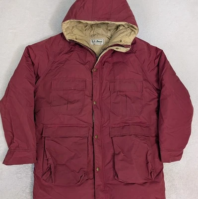 Vintage LL Bean Goose Down Mens Med Parka Winter Jacket Maroon 100% Nylon Hooded - Image 1 of 4