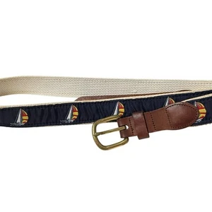 Leather Canvas Sailboat Belt 42 Brass Buckle Nautical Hand Made Essex CT USA - Picture 1 of 10