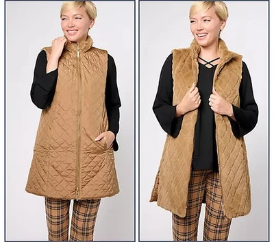 Dennis Basso Zip Front Faux Fur Rvrsble Vest Side Slits-Cool Camel-XS-A619588 - Image 1 of 2