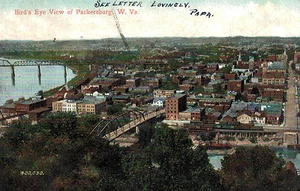 Parkersburg, West Virginia, Vogelperspektive, Wood Co. gebraucht, Flaggenstempel, 1907 - Bild 1 von 2