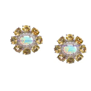 Natural Ethiopian Opal & Citrine Gemstones 925 sterling silver Men Cufflinks #J4 - Picture 1 of 3