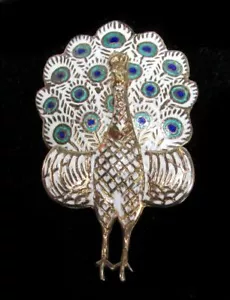 WUNDERSCHÖNE ANSTECKNADEL EMAILLE GOLDWÄSCHE STERLINGSILBER PFAU - Bild 1 von 1