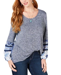 Style & Co Women's Mixed-Media Bubble-Sleeve Top (Medium, Blue Painted Mix) - Picture 1 of 1