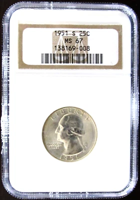 1951 S Washington Quarter,  NGC MS67 - Image 1 of 2