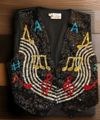 RARE 001 USA VEST SEQUINS BLACK SPARKLE MUSICAL NOTES FLASHY SIZE 40 XXXL - Image 1 of 4