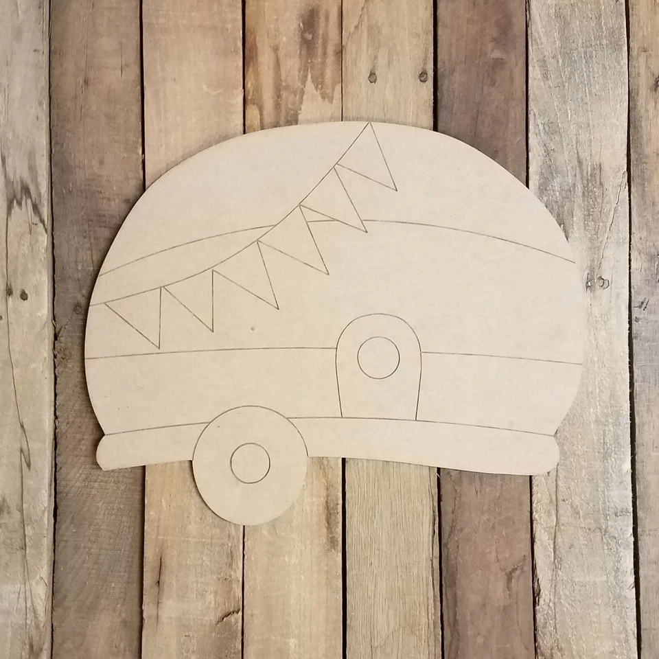 Camper with Flags, Unfinished Wood Cutout, DIY Engraved Paint by Line Shape - Image 1 of 1