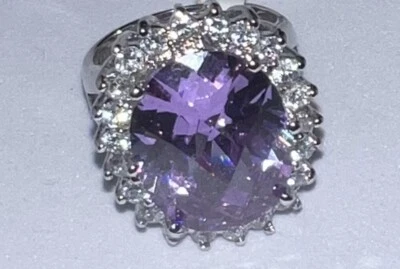 NEW Oval Lab Created Amethyst Diamond Halo Ring Silver Size 8 Gorgeous Gift 💝 - Image 1 of 4