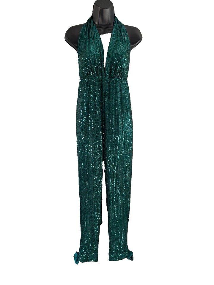 Mono envolvente de lentejuelas verde Bella & Bloom Dream Come True talla pequeña lazos al tobillo Foto 1 de 4