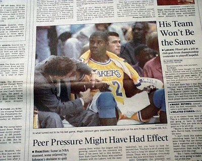 MAGIC JOHNSON Los Angeles Lakers NBA Basketball AIDS Retirement 1992 Newspaper   - Image 1 of 4