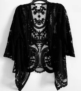 RACHEL ZOE Lace Mesh Open Front Cover Up Kimono Black One Size NWOT ❤️ - Picture 1 of 5