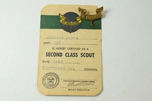 Vintage Boy Scouts SECOND CLASS SCOUT Award Pin and Card dated 1958 - Picture 1 of 5