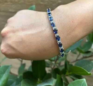 14.00 Ct Oval Natural Sapphire Diamond Link Tennis Bracelet 14K Real White Gold - Picture 1 of 8