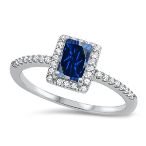 Emerald Shape CZ Simulated Sapphire Blue Birthstone cz Silver Ring