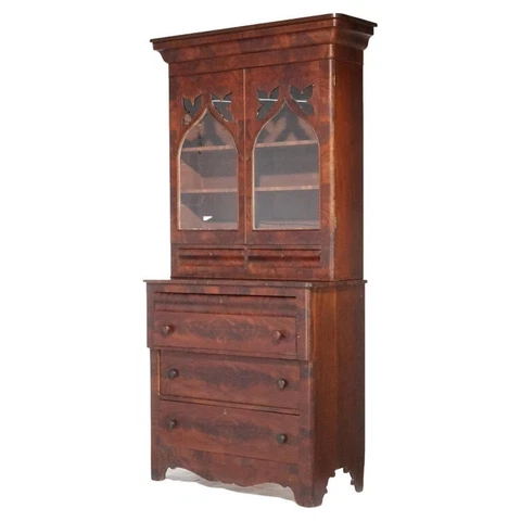 Antique Greco America Empire Flame Mahogany Quervelle School Secretary 19th C Cover