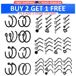 64PCS Black Nose Rings Hoop 20g Surgical Steel Nose Rings Screw L Bone Studs Set - Picture 1 of 8