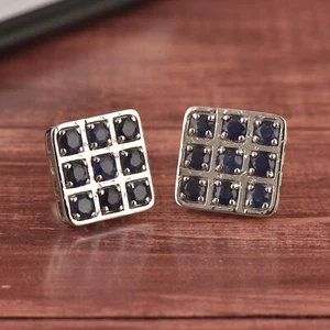 Natürlicher blauer Saphir Edelstein Sterlingsilber quadratische Ohrstecker für Mädchen - Bild 1 von 4
