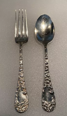 Antique James R. Armiger Co. Chrysanthemum Sterling Youth Fork and Spoon Set Cover