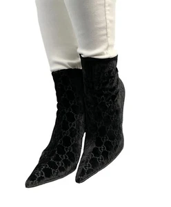 GUCCI Vintage Monogram Logo Boots Heels #36C US 6  Silver Black Velour RankAB - Picture 1 of 10