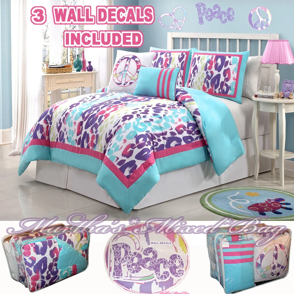 Teen Girl Pink Purple SAFARI LEOPARD PRINT COMFORTER SET+PILLOW+PEACE SIGN DECAL - Image 1 of 4