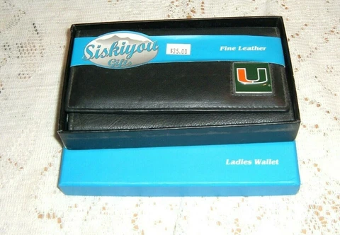 UNIVERSITY OF MIAMI  FINE LEATHER LADIES WALLET BLACK METAL SPLIT U NEW BOX Cover