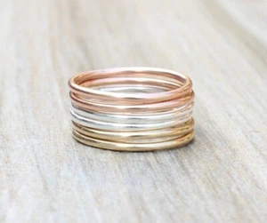 Mixed Metal Set of 6 Trio Color Stacking Ring, Silver Copper Brass Band Jewelry - Picture 1 of 6