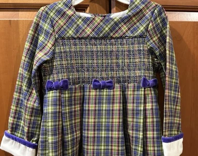 BT KIDS СО СБОРКАМИ ВЫШИТЫЙ КЛЕТКУ БАРХАТА ОТДЕЛКИ И БАНТЫ ПЛАТЬЕ SZ 4 НОВЫЙ С ЯРЛЫКАМИ! - Изображение 1 из 4