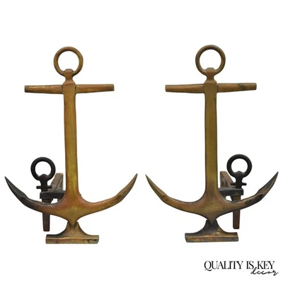 Antique Nautical Figural Ship Anchor Brass Fireplace Andirons w/ Patina - a Pair - Image 1 of 4