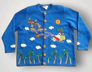Vintage Jack B Quick Santa On The Beach Cardigan Sweater Blue Size 2X - Picture 1 of 9