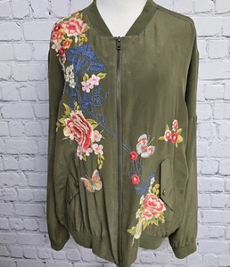 JOHNNY WAS Embroidered Silk Bomber Jacket Womens Large Green Military Minimalist - Picture 1 of 10