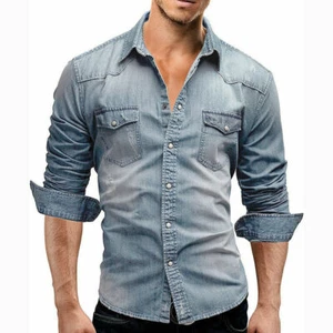 Camicie uomo denim manica lunga jeans cotone lavato slim fit camicie multicolore top - Foto 1 di 25