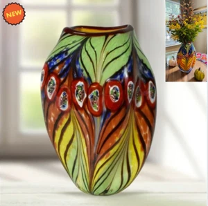 Colorful Peacock Feather Vase, Textured Tiffany Favrile Art Glass, Hand Blown - Picture 1 of 7
