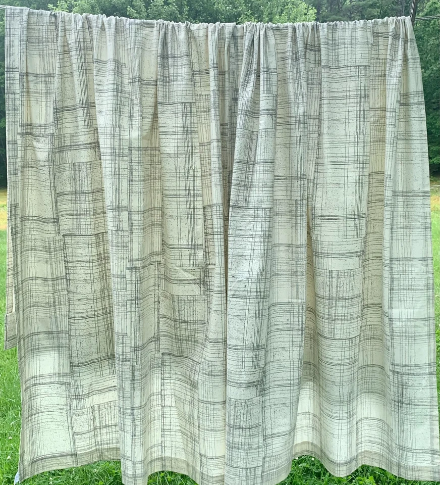 West Elm 2017 Drapes 2 Curtain Panels 96 X 48 Rod Loops Gray Lines on Egg Shell - Image 1 of 4