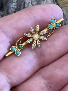 9ct Gold Brooch - Edwardian 9ct Gold Turquoise Seed Pearl Pin Bar Brooch - Picture 1 of 15