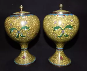 Antique Pair Of Chinese Yellow Cloisonné Lidded Jars Vases - Picture 1 of 10