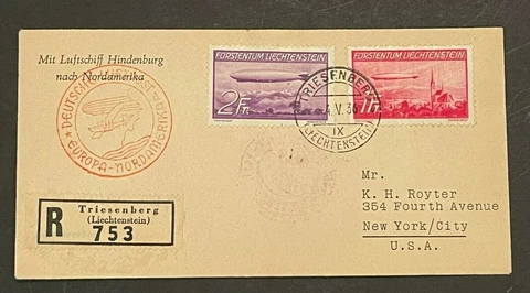 1936 Liechtenstein To New York ZEPPELIN with 1FR & 2FR Very Fine Cover