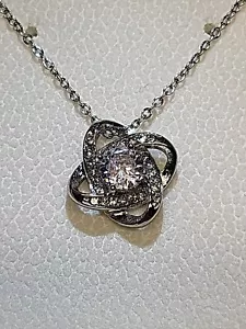 CZ Love Knot Necklace White Gold Toned SS in Lighted Wooden Display Gift Box - Picture 1 of 4
